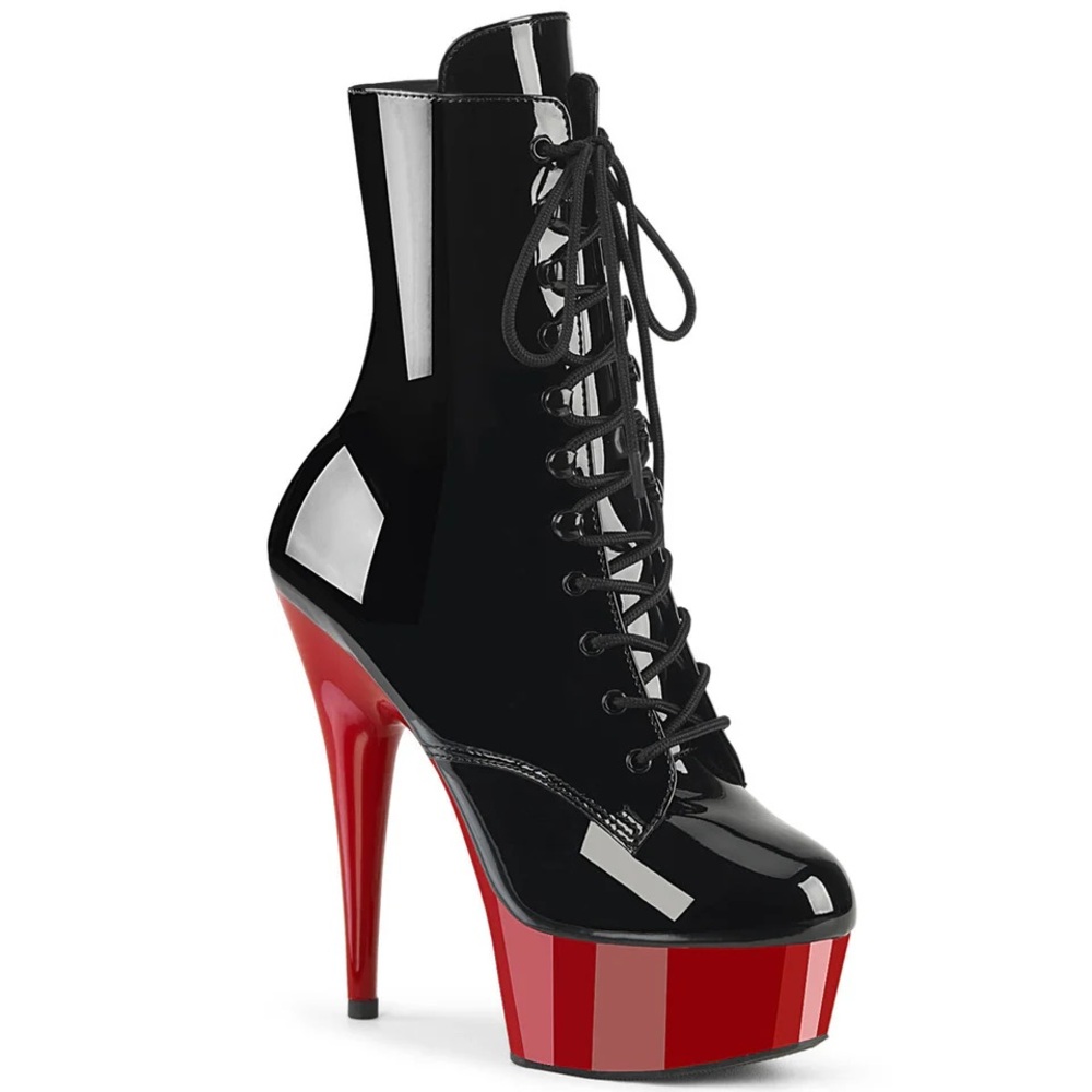 Pleaser Delight-1020 Black/Red Patent Lace-Up Heels